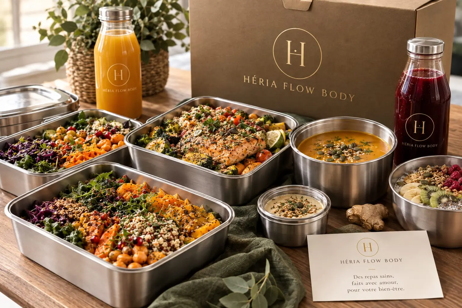 Repas sains Héria Flow Body servis dans des contenants en inox sur une table en bois, avec jus en bouteille et carte personnalisée
