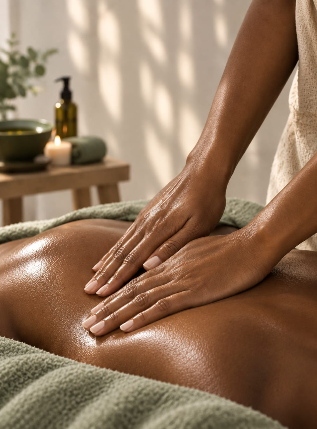 Mains massant un dos huilé lors d'un massage bien-être à Rennes, bougie allumée en arrière-plan