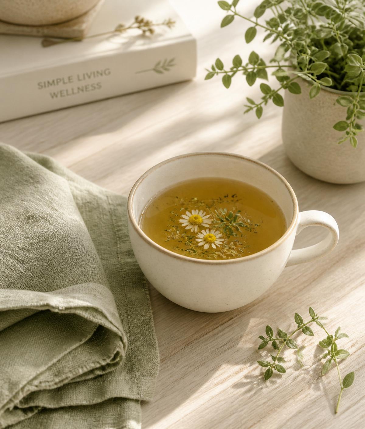Tasse de tisane et lin vert dans un intérieur calme — ambiance Héria Flow Body à Rennes