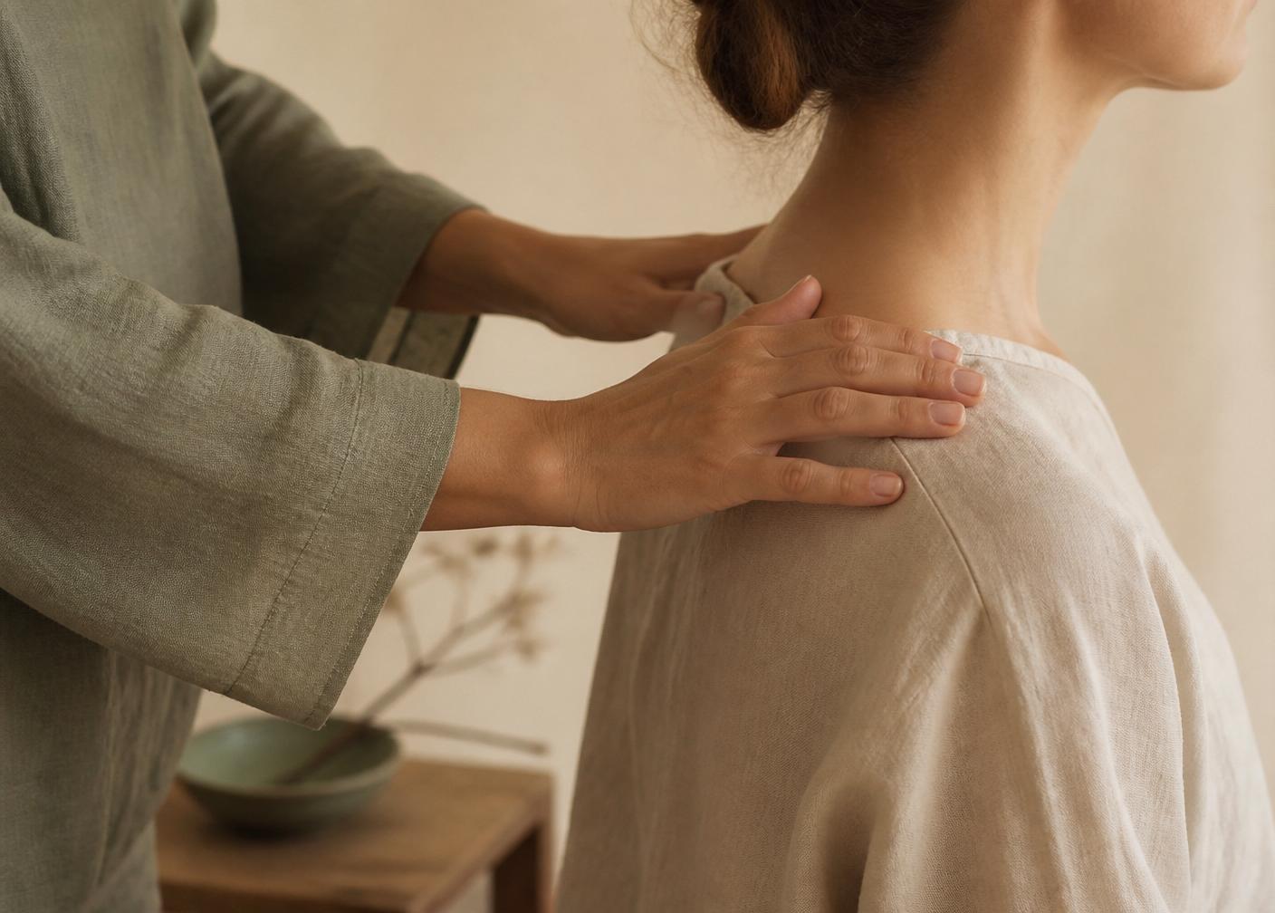 Mains en mouvement sur les épaules pendant un massage bien-être à Rennes